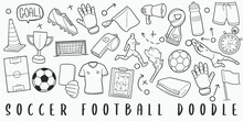 Soccer And Football Doodle Line Art Illustration. Hand Drawn Vector Clip Art. Banner Set Logos.