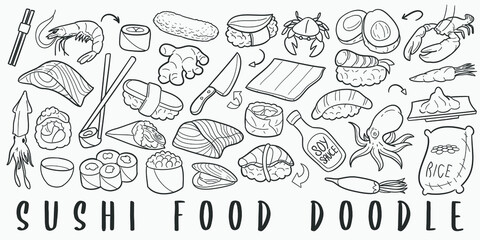 Wall Mural - Sushi Food Japan Doodle Line Art Illustration. Hand Drawn Vector Clip Art. Banner Set Logos.