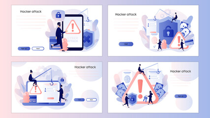 Internet hacker attack and personal data security concept. Screen template for mobile smart phone, landing page, template, ui, web, mobile app, poster, banner, flyer. Modern flat cartoon style. Vector