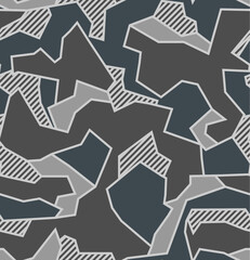 Canvas Print - Urban camouflage seamless pattern with polygonal shapes and white diagonal lines. Black, white and gray color.