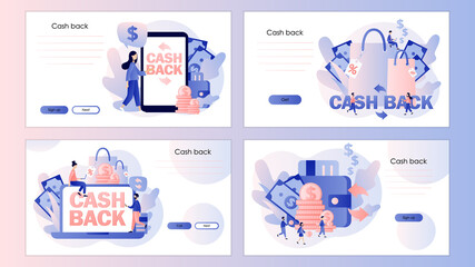 Cash back concept. Money refund, reward program, shopping. Screen template for mobile smart phone, landing page, template, ui, web, mobile app, poster, banner, flyer. Modern flat cartoon style. Vector