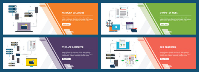 Vector set of vertical web banners with network solutions, computer files, storage computer and file transfer. Vector banner template for website and mobile app development with icon set.