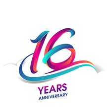 16th Anniversary Celebration Logotype Blue And Red Colored, Isolated On White Background.