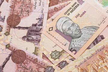 Wall Mural - A close up image of a peach colored, five Nigerian naira bank note on a background of Egyptian one pound bank notes