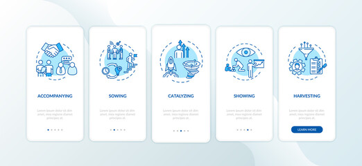 Project management onboarding mobile app page screen with concepts. Guidance for colleague. Support employee walkthrough 5 steps graphic instructions. UI vector template with RGB color illustrations