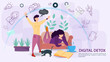© svarog19801 - Digital detoxification banner concept for web and mobile sites a Man protects a girl lying on the sofa with an aura shield from a large amount of unnecessary information flat vector illustration