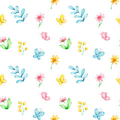 Seamless pattern with pink, yellow and blue flowers and butterflies; watercolor hand draw illustration; can be used for print; with white isolated background