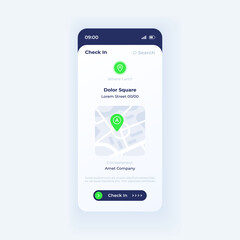 Canvas Print - Social check in app smartphone interface vector template. Mobile app page light theme design layout. Checking place on map screen. Flat UI for application. Map with location mark on phone display