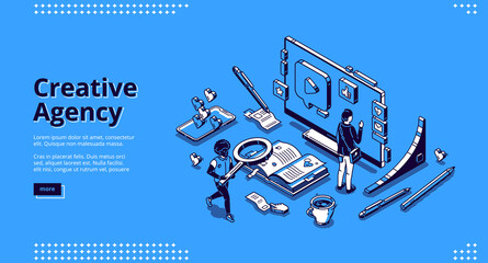 Wall Mural - Creative agency banner. Digital design service, creative strategy for promotion and advertising company in social media. Vector landing page with isometric working people, computer and smartphone