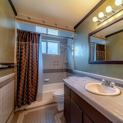 Wall Mural - Square Tiled bathroom interior of home with vanity area toilet bathtub and window