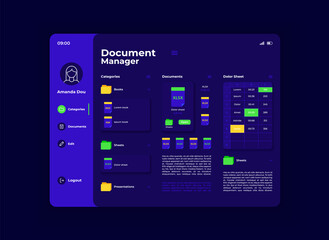 Document manager tablet interface vector template. Mobile app page night mode design layout. Paperwork management screen. Flat UI for application. File directory. Portable device display