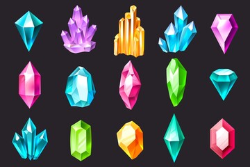 cartoon crystals. colorful jewelry gems, precious stones, crystal stalagmites and stalactites. quart
