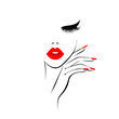 © alliwn - Red lipstick, sexy woman lips,  eyelash extensions, nail manicure salon, flat style, vector illustration. Beauty logo. Element design, isolated on white.