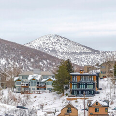 Canvas Print - Square frame Park City Utah hill homes in winter with views of scenic snowy nature landscape