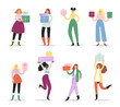 © Margaret - Collection of young women carrying festive gifts with purchases. Girls set holding presents, boxes for birthday, 8 march, Valentine's Day, Christmas. Cartoon characters isolated on white background