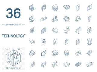 Isometric line art icon set. Vector illustration with technology, digital symbols. Cloud computing, print, VR glasses, 4k resolution and wireless pictogram. 3d technical drawing. Editable stroke