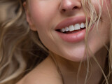 Sexual full lips. Natural gloss of lips and woman's skin. The mouth is closed. Increase in lips, cosmetology. Natural lips. Great summer mood with open eyes. fashion jewelry. Pink lip gloss