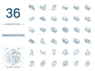 Isometric line art icon set. Vector illustration with transport, transportation symbols. Police car, train, yacht, taxi, bicycle and truck pictogram. 3d technical drawing. Editable stroke