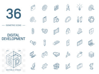Isometric line art icon set. Vector illustration with web and app development symbols. Digital network technology, coding, application, program data pictogram. 3d technical drawing. Editable stroke
