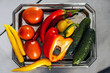 © stockbusters - Fresh vegetables at kitchen table. Closeup healthy food plan view.