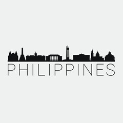 Wall Mural - Philippines Skyline Silhouette City. Design Vector. Famous Monuments Tourism Travel. Buildings Tour Landmark.