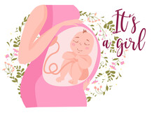 A Pregnant Woman With A Happy Healthy Baby In Her Stomach. Pregnancy, Mother's Day Card. Flat Vector Illustration. A Greeting Card With The Inscription It's A Girl.