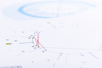 Wall Mural - The desktop of an astrologer. The magical mysterious atmosphere of the working environment of the predictor of the future. Printouts of astrological charts and tables scattered across the table.