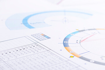 Wall Mural - The desktop of an astrologer. The magical mysterious atmosphere of the working environment of the predictor of the future. Printouts of astrological charts and tables scattered across the table.