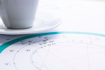 Wall Mural - The desktop of an astrologer. The magical mysterious atmosphere of the working environment of the predictor of the future. Printouts of astrological charts and tables scattered across the table.