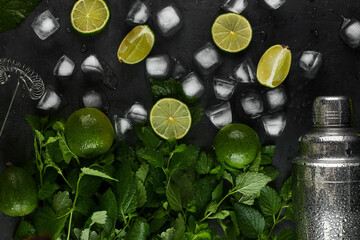 Poster - Summer Refreshing Classic Mojito Cocktail. Ingredients: lime, mint, cane sugar, ice. Shaker, strainer. Cuban national drink.