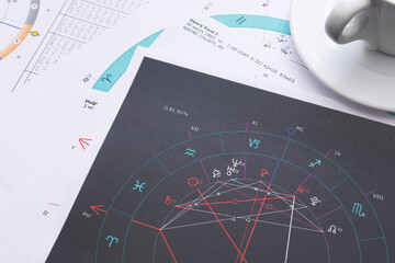 Wall Mural - The desktop of an astrologer. The magical mysterious atmosphere of the working environment of the predictor of the future. Printouts of astrological charts and tables scattered across the table.