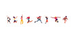 © Firangiz - Happy jumping people flat vector illustration. Cheerful corporate employees cartoon characters set. Young male and female people in casual clothes isolated clipart. Diverse group of people.