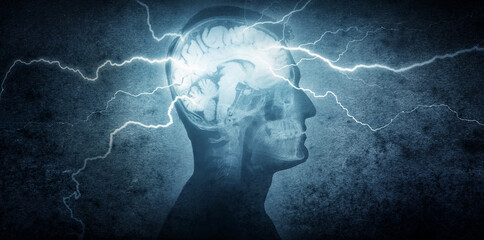 human silhouette with lightning from the brain. scientific topic: the work of the brain, the emergen