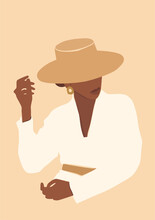Illustration Of Beautiful Black Skin Woman In The Hat. Modern Printable Fashion Poster.