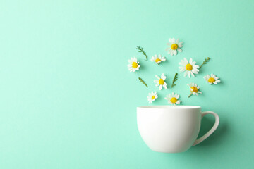 Wall Mural - Cup and chamomiles on mint background. Chamomile tea