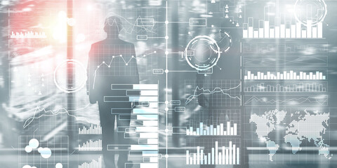 Business intelligence dashboard with key performance indicators on a virtual screen computer interface.