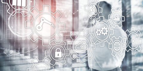 Wall Mural - business process automation smart industry artificial intelligence. gears mechanism mixed media.