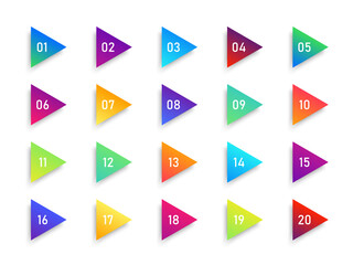 Bullet number icon. Triangle arrow of infographic. 20 gradient box or button. 3d marker for info. List of colorful elements for label and text. Design graphic flag for web pointer and page. Vector