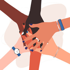 Colorful concept of hands of diverse group of people putting together. Social community, cooperation, agreement, teamwork, partnership, togetherness top view. Flat cartoon vector stock illustration.