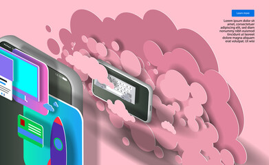 Canvas Print - Large icons of the computer rocket and Bank card on the mobile phone screen against a background of pink clouds