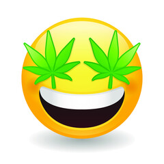 Face marihuana leaf eyes emoji with happy expression. Cannabis emoticon funny. Vector design illustration.