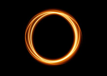 Vector Magic Gold Circle Frame. Fire Hole. Glowing Fire Ring Trace. Golden Swirl Trail Effect On Black Background. Bright Luxury Round Ellipse Line With Flying Flash Lights. Isolated On Black