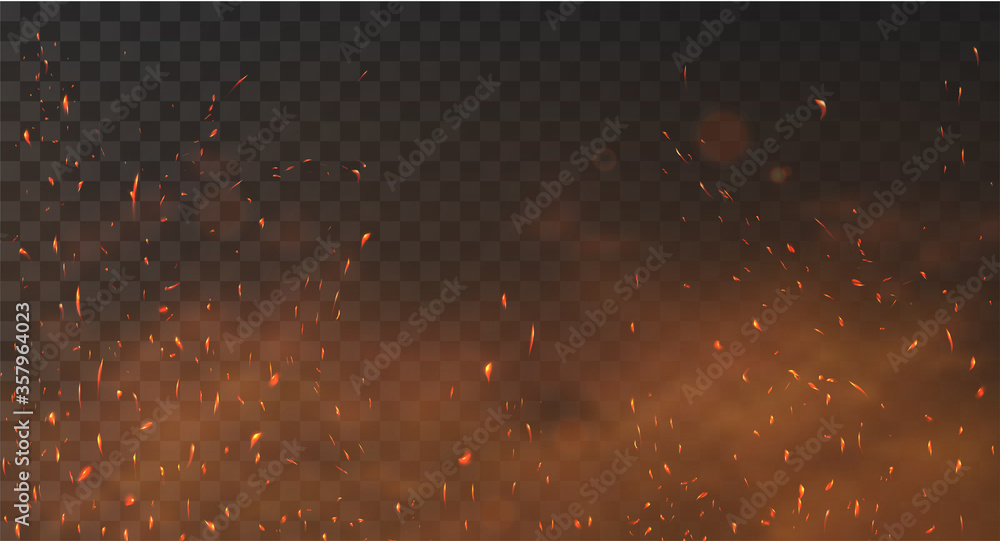 Fire sparks background on a transparent background. Burning hot sparks, embers burning cinder and smoke flying in the air. Realistic heat effect with glow and sparks from bonfire. Flying up embers - obrazy, fototapety, plakaty 