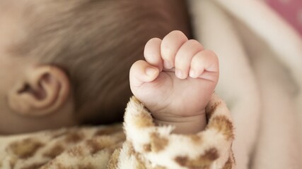 Canvas Print - Shallow focus shot of a hand of a newborn baby while laying in the bed