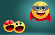© Zeinous - Smiley emoji super hero vector design. Fiction hero emoji brave character flying with mask and red cap with surprise and amaze emojis in green background. Vector illustration