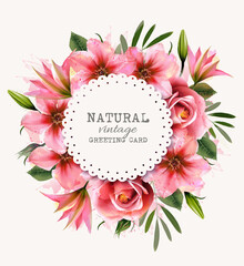 Poster - Holiday vintage greeting card with colorfu lwatercolor flowers. Vector.