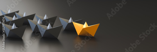 Cuadros en Lienzo Leadership, success, and teamwork concept, orange leader boat leading black boats