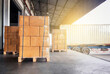 © Siwakorn1933 - Packaging Boxes Wrapped Plastic Film on Pallets Loading into Shipping Cargo Container. Supply Chain. Trucks Parked Loading at Dock Warehouse. Shipment Logistics. Cargo Freight Truck Transport.