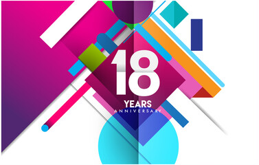 18th years anniversary logo, vector design birthday celebration with colorful geometric isolated on white background.