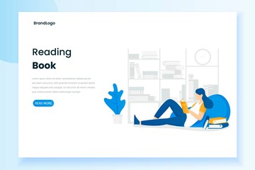 Wall Mural - Women reading books illustration landing page. Illustration for websites, landing pages, mobile applications, posters and banners